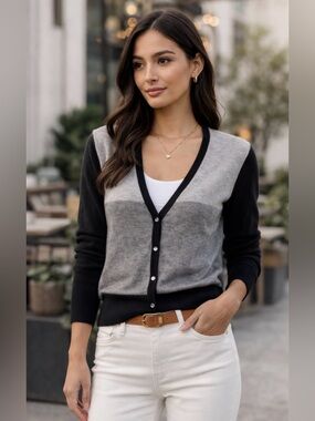APT. 9 100% CASHMERE BLACK/ 2
TONE GRAY V-NECK LONG SLEEVES CARDIGAN SWEATER M